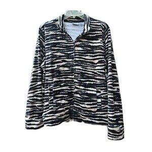 2K Zebra Print Jacket Womens Large Full Zip Soft Cozy Animal Print Lounge Fleece